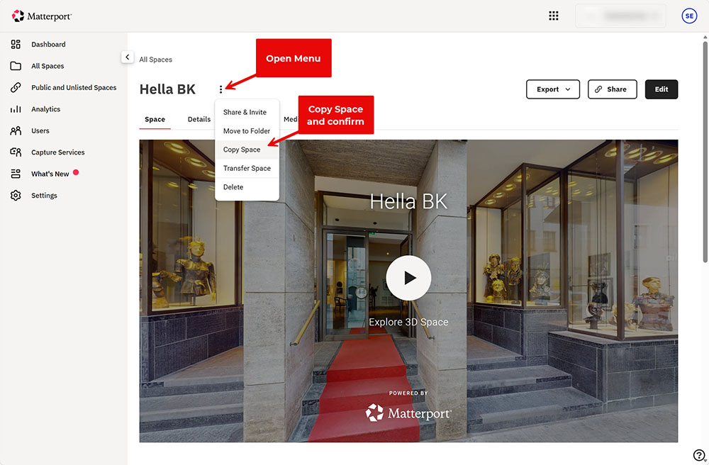 Matterport three-dot menu showing the Copy Space option