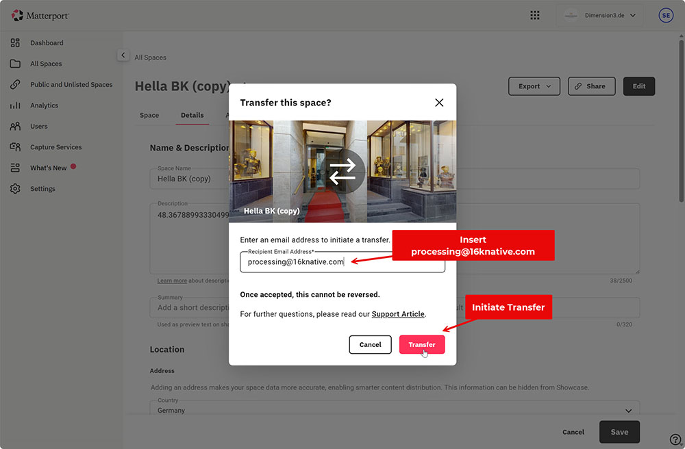Matterport Transfer Space dialog with processing@16knative.com entered
